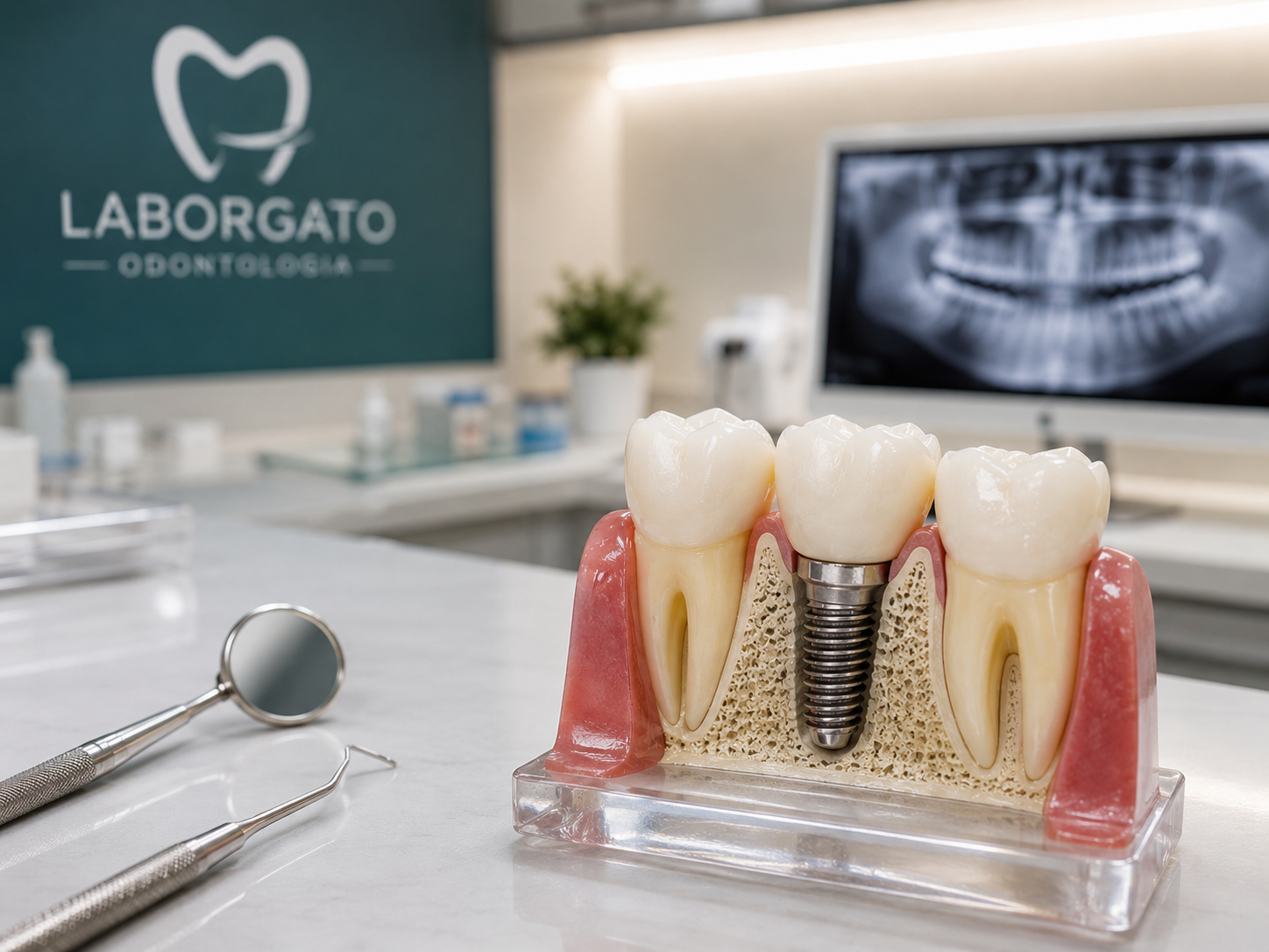 Modelo de implante dentário na clínica Laborgato Odontologia